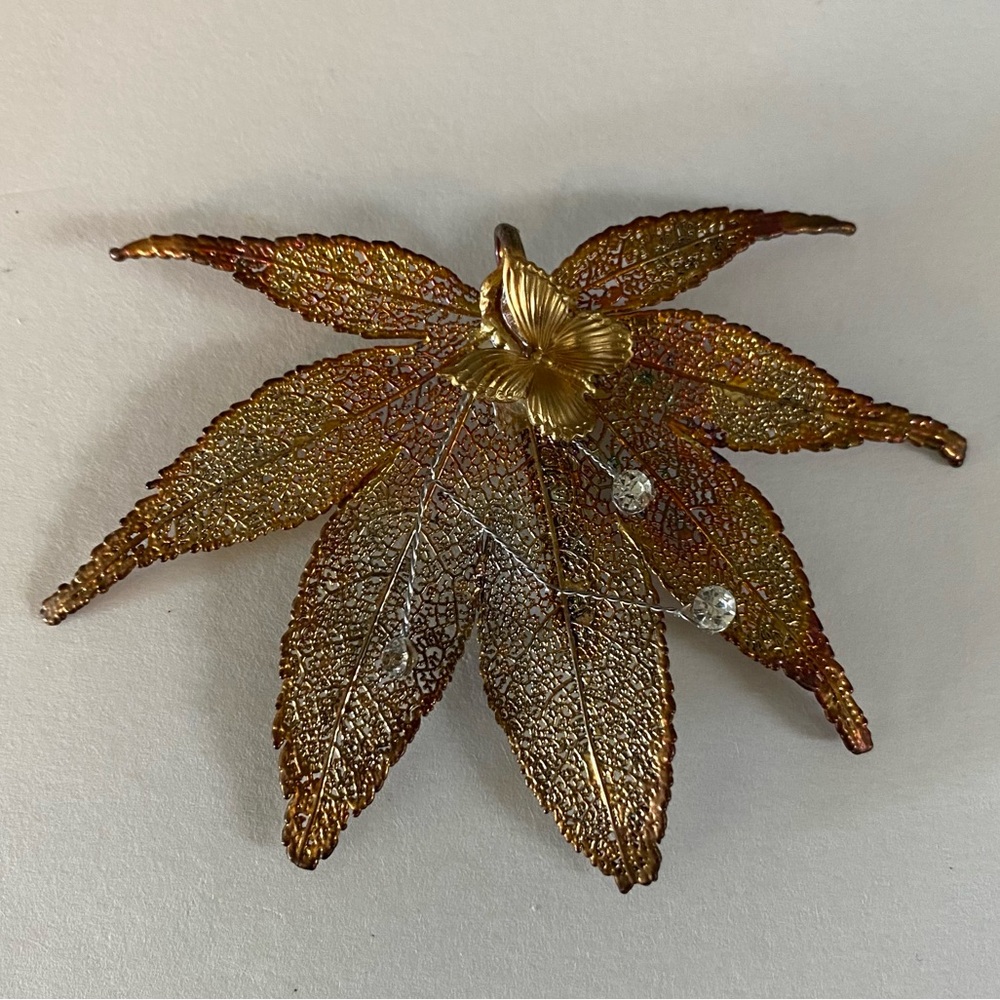 Vintage Gold Tone Filigree Brooch, Pin Leaf Shape, Butterfly, Costume Jewelry